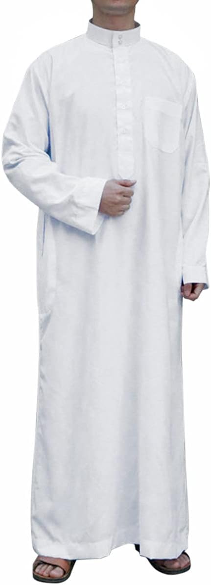 Men's Saudi Arabic Thobe Jubba Dishdasha Long Sleeve Robe Ramadan Muslim Dress Middle East Islamic Clothing