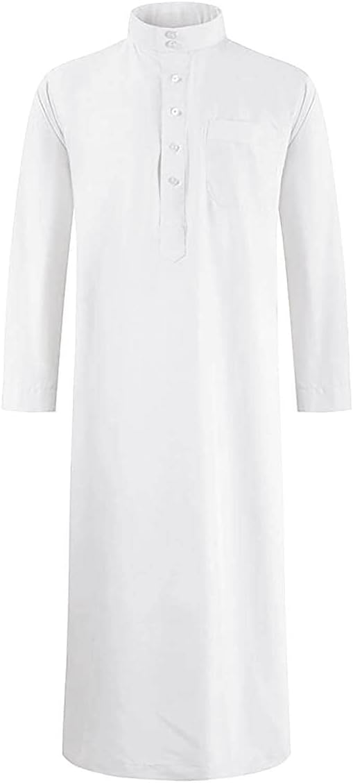 Men's Saudi Arabic Thobe Jubba Dishdasha Long Sleeve Robe Ramadan Muslim Dress Middle East Islamic Clothing