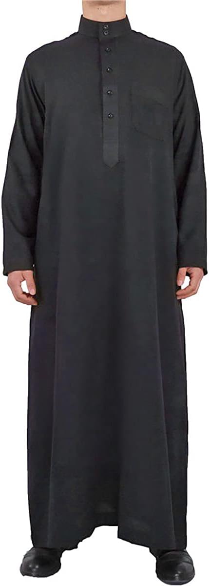 Men's Saudi Arabic Thobe Jubba Dishdasha Long Sleeve Robe Ramadan Muslim Dress Middle East Islamic Clothing