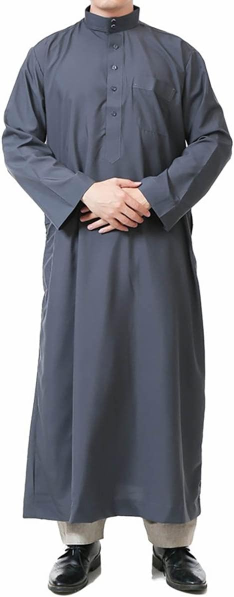 Men's Saudi Arabic Thobe Jubba Dishdasha Long Sleeve Robe Ramadan Muslim Dress Middle East Islamic Clothing
