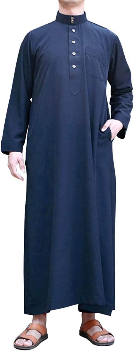 Men's Saudi Arabic Thobe Jubba Dishdasha Long Sleeve Robe Ramadan Muslim Dress Middle East Islamic Clothing